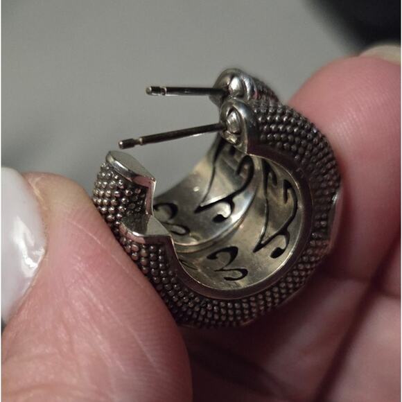 BRIGHTON Chunky Silver Hoop Earrings Swirl Design Beading Steampunk - Picture 8 of 13